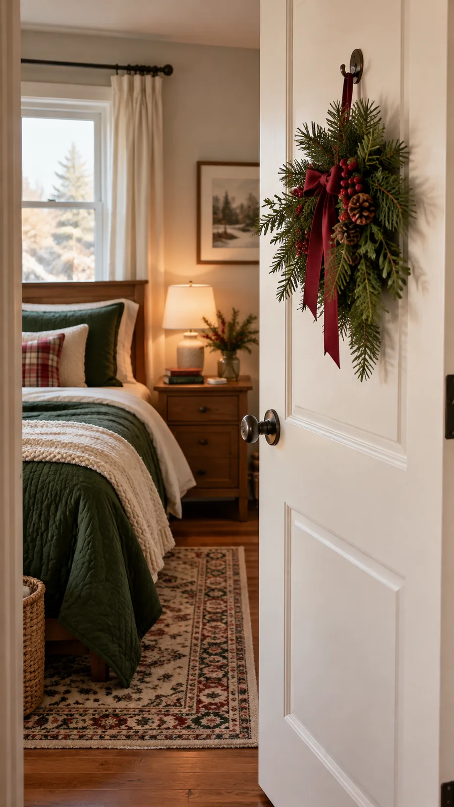 A Compact Door-Side Welcome Detail shown for Christmas bedroom decor small room