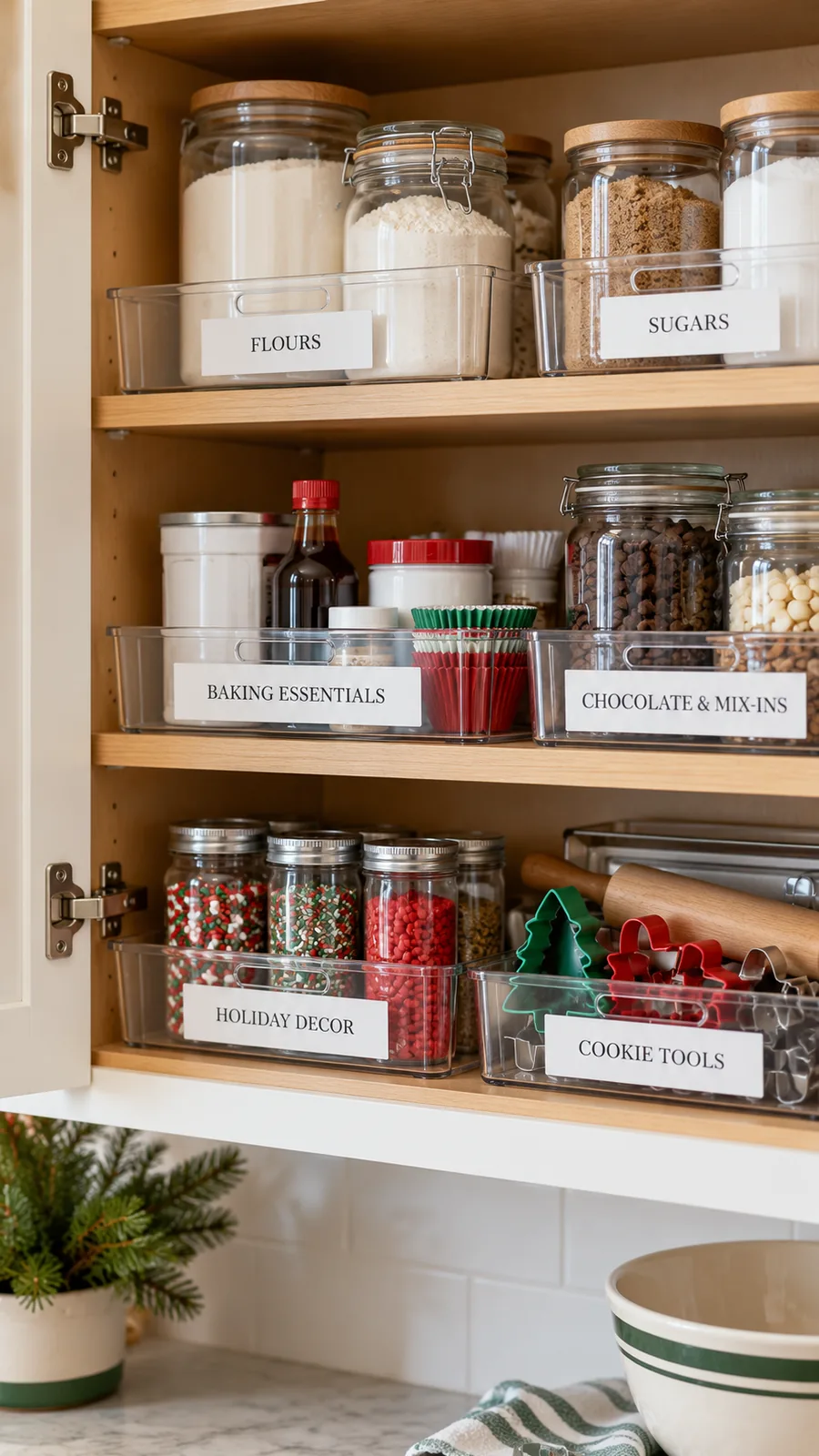A Label at the Front Edge shown for kitchen cabinet organization holiday baking