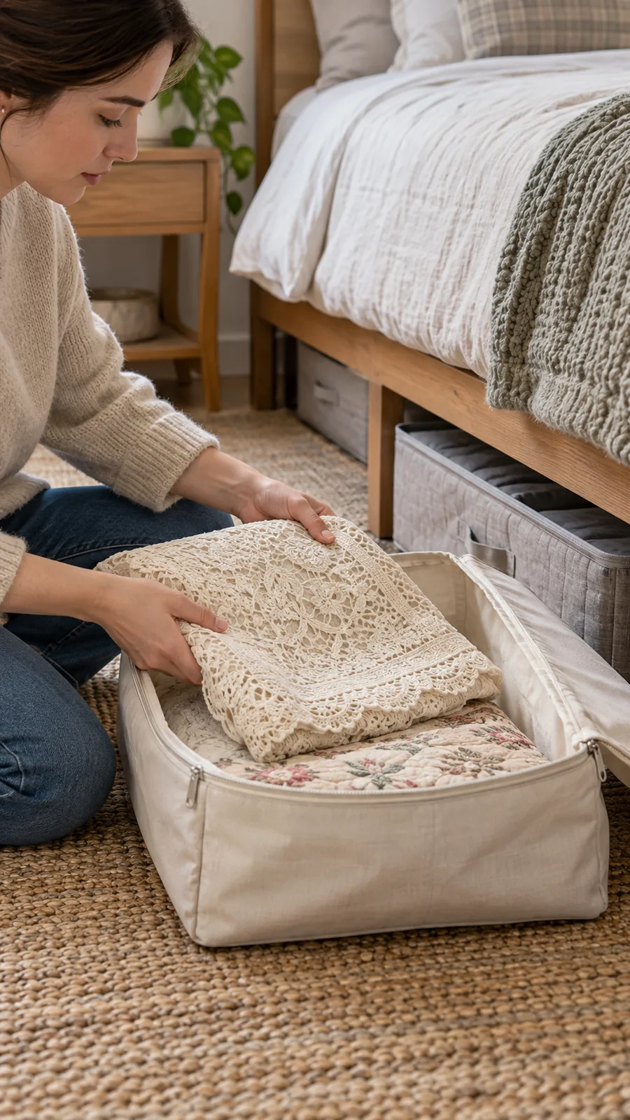 A Separate Memory-Textile Bag shown for under bed storage ideas small bedroom