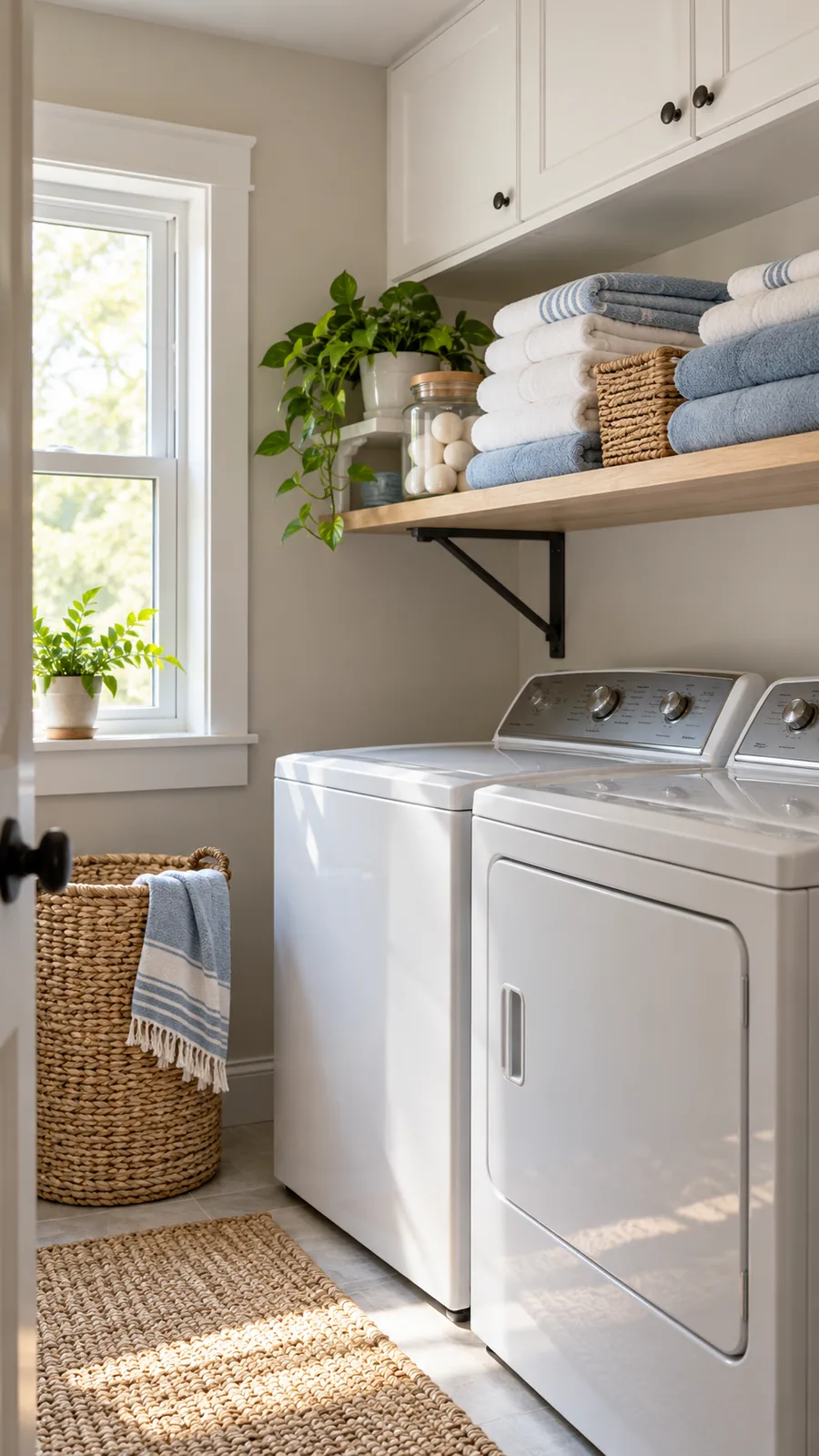 A Small Daily-Use Linen Shelf shown for small laundry area organization ideas