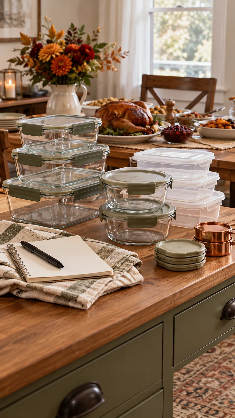 A Leftover-Container Staging Area shown for Thanksgiving buffet setup ideas
