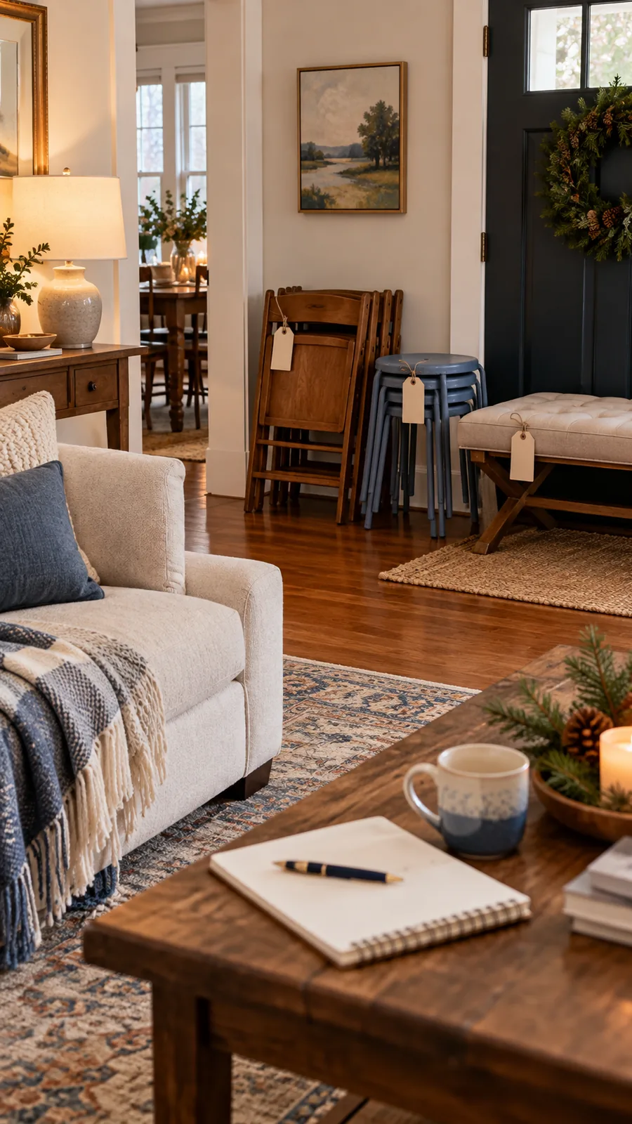 A Post-Party Return Plan shown for narrow living room seating ideas