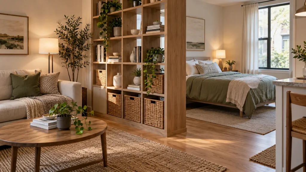 Studio Apartment Room Divider Ideas for Holiday Guests in a realistic compact American home
